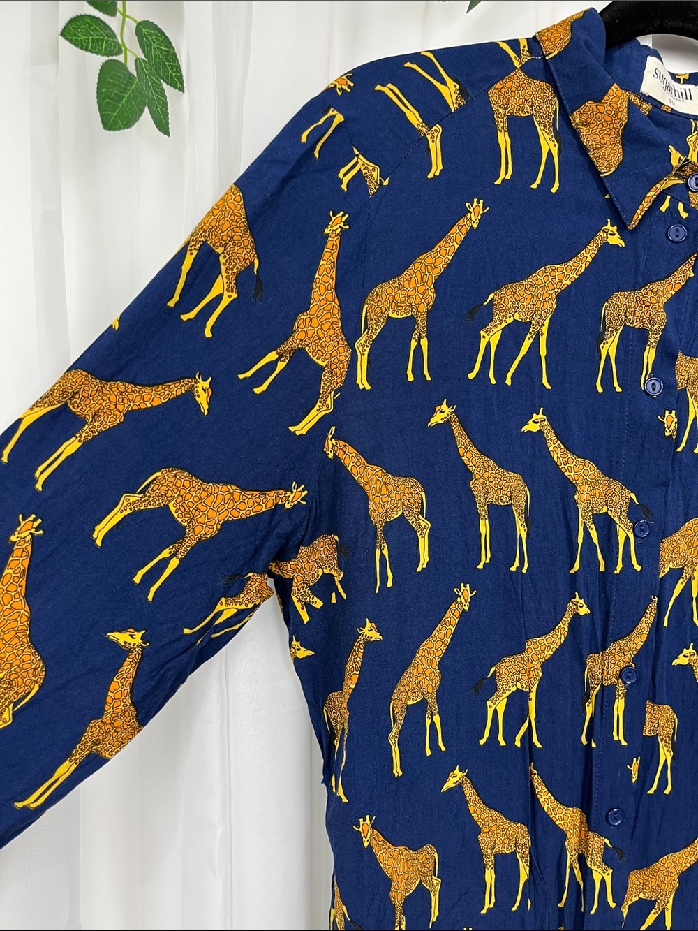 Sugar Hill Shirt Dress The Reva 10 Navy Gold Giraffe Print Belt 100% Viscose EUC - Picture 3 of 10